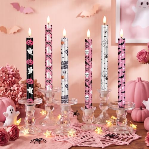Image of Aurelema 6 Pcs Halloween LED Flameless Candle Set Pink Spooky Taper Candles Battery Operated with Remote Cute Ghost Candles Horror Pumpkin Decorations for Home Halloween Party Favors Holiday Decor