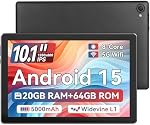Tablet, 10.1 Inch Android 15 Tablet with 20GB RAM 64GB ROM 1TB Expansion, Octa-core Processor, HD IPS Touchscreen Dual 5MP+8MP Camera, WiFi 6, BT 5.4, Widevine L1 (Black)