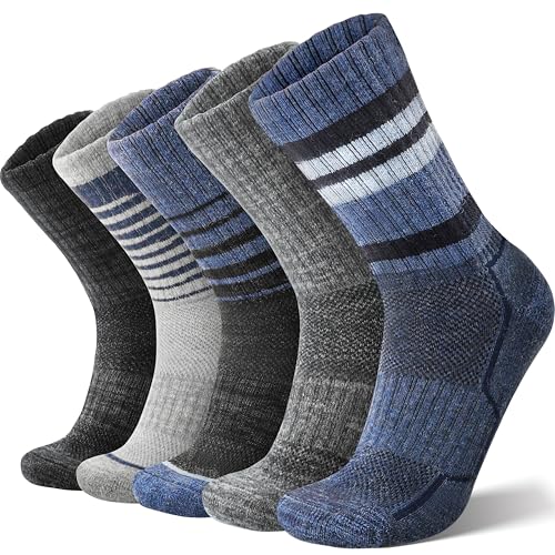 ANTSANG Calcetines Unisex de Lana Merino para Hombre Mujere Senderismo Caminata Térmicos Abrigados Gruesos Invierno Tobilleras Altas para Botas de Trabajo 5 Pares(Azul/Negro,42-46)