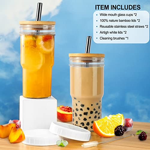 Xeiwagoo Reusable Boba Cup Smoothie Tumbler Glass Bubble Tea Cup, 2 Pack Wide Mouth 22Oz Iced Coffee Glasse Cup With Bamboo Lid And Straw, Mason Jar Cup Drinking Glasses Tumbler (Black Straw, 2) #TOP1