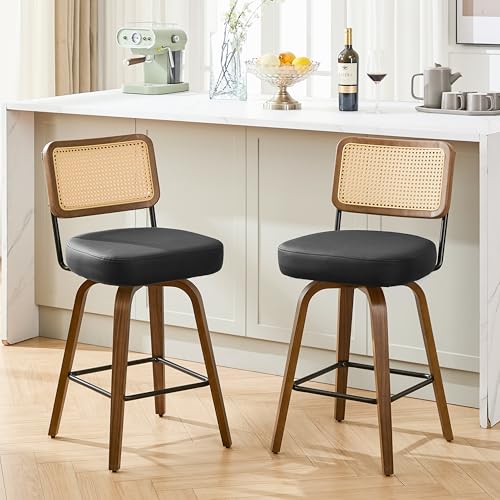 Image of Swivel Bar Stools Set of 2, 26 inch Upholstered Counter Height Bar Stools with Back and Walnut Wood Legs, Faux Leather Barstools for Kitchen Counter, Rattan Black