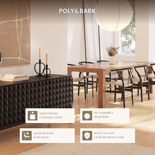 Image of Poly & BARK Weave Dining Chairs - Mid-Century Modern Wishbone Dining Chairs with Arms, Solid Wood Frame, Indoor Use - Black - Set of 2 - Ideal for Dining Room, Kitchen or Stylish Accent Setting