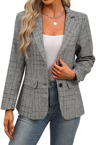 ELLEVEN Women's Lapel Collar Plaid 2 Button Boyfriend Blazer Suit...