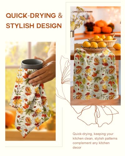 Image of 150GSM Flour Sack Kitchen Towels Set of 2, Autumn Leaf | 18 inchx26 inch, Lightweight, Lint-Free, Pure Cotton, Decorative, with Hanging Loop, Absorbent, Softer after Wash, Giftable Package