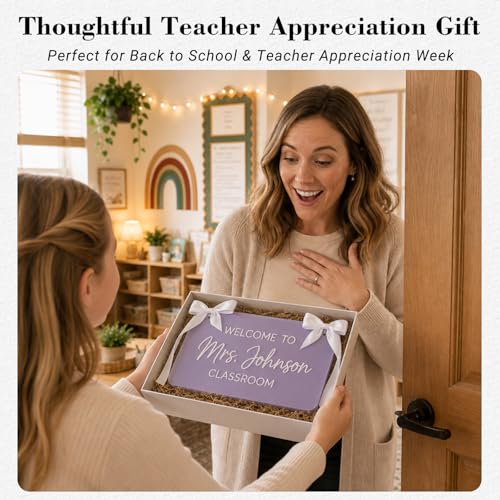 Image of Personalized Teacher Door Sign, Custom Teacher Name Acrylic Classroom Welcome Sign with Ribbon, Back to School Classroom Door Decor, Teacher Wall Hanging Sign, First Day of School Gift for Teachers