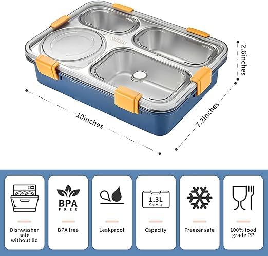Image of KEMETHY Stainless Steel Lunch Box, 4 Compartment, Insulated, Airtight, Leak Proof, BPA Free (4 Compartment Lunch Box)
