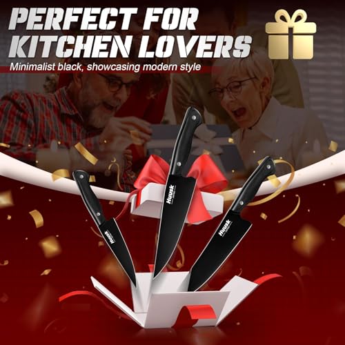 Image of Huusk Japanese Chef Knife Set for Kitchen - 3 pcs Black Kitchen Knife Set with Titanium Coating, Stainless Cutting Knives Sets, Professional Cooking Knives for Vegetable Fruit Meat, Christmas Gift Men