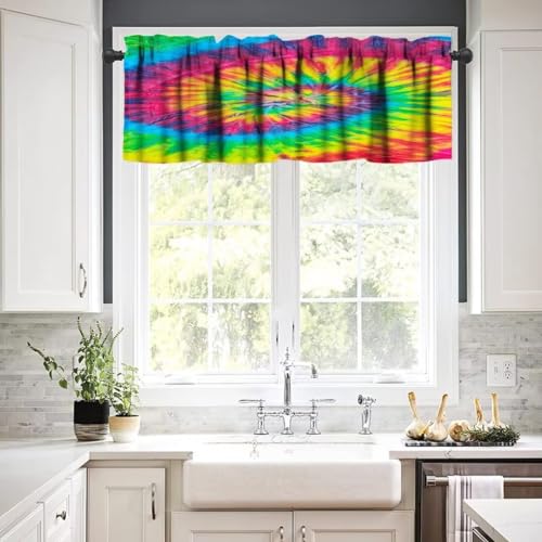 Image of Swirl Tie Dye Multicolor Window Valance Curtain,Retro Spiral Hippie Style Chic Watercolor Window Valances Treatments for Kitchen Living Room Cafe Decor 54'x18', 1 Panel