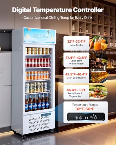 Image of VEVOR Commercial Merchandiser Refrigerator, 9.6 Cu.Ft / 273 L Glass Door Display Refrigerator, Upright Beverage Cooler with Customizable Lightbox, 4 Adjustable Shelves & Soft LED Light for Homes Shops