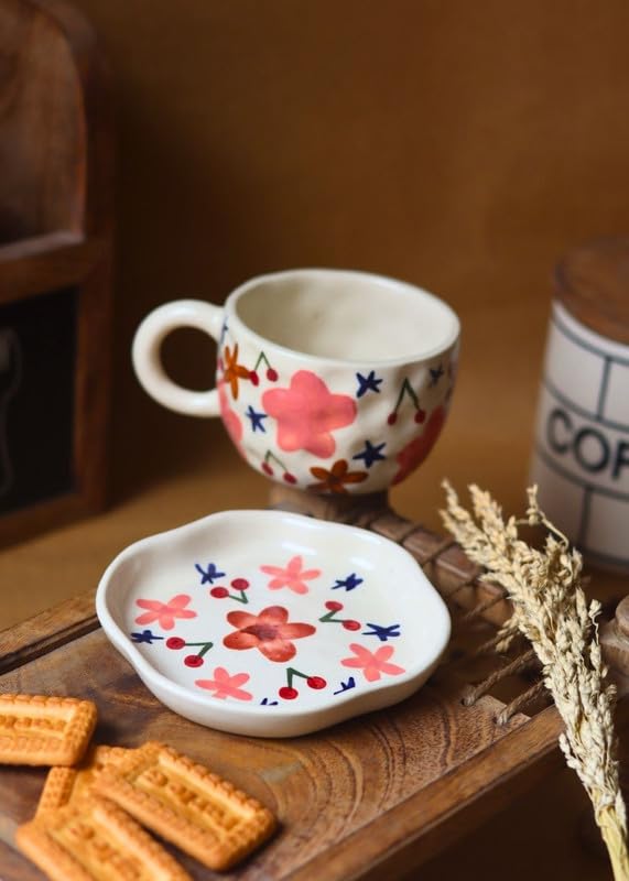 Image of WEAVING HOMES Handcrafted CeramicBloom Mug & Bloom Dessert Plate (Set of 2, Multicolor) - Coffee Mugs and Dessert Plates for Birthday Gifts, Mugs for Office and Travel