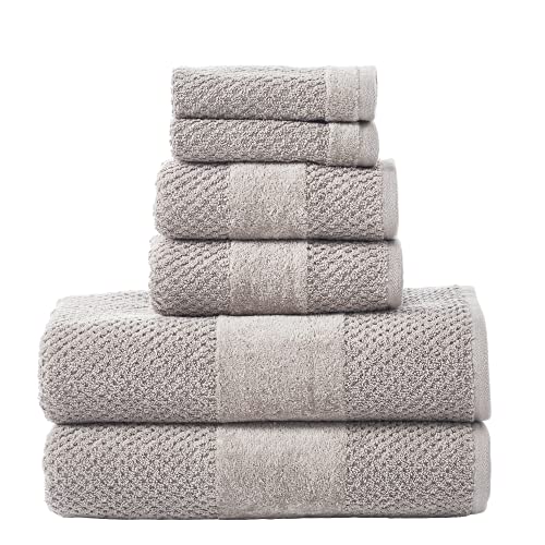 Modern Threads Set de 6 piezas texturizadas, 2 toallas de baño, 2 toallas de mano, 2 paños de baño, con borde de terciopelo color caqui Cover