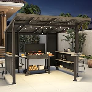   ALAULM-10x-10-Hardtop-Grill-Gazebo-Outdoor-BBQ-Gazebo-with-Storage-Shelves-and-Expansion-Platform-Permanent-Galvanized-Steel-Lean-to-Gazebo-with-Grey-Black-Metal-Privacy-Screen-for-Patio