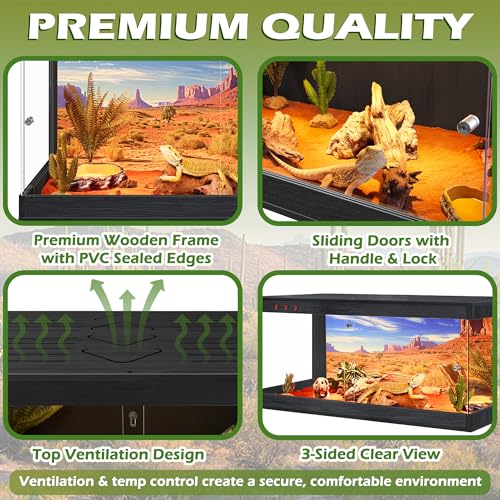 Image of ROYXEN Reptile Enclosure,82 Gallons Reptile Tank with Wooden Top and Lockable Design,Tempered Glass Bearded Dragon Tank for Lizard Gecko Habitat (Black,48 inch Length)