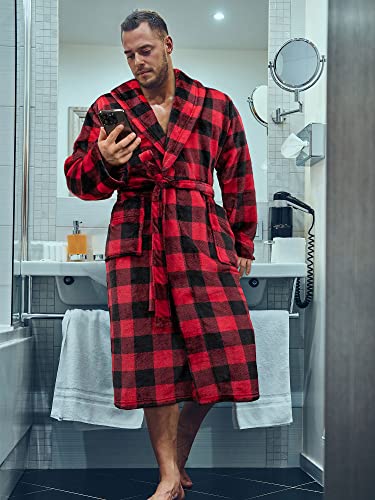 Pavilia Mens Soft Plush Robe | Flannel Fleece Plaid Red Robes For Men, Fuzzy Spa Bathrobe With Shawl Collar And Pockets (Buffalo Check Red) #TOP4