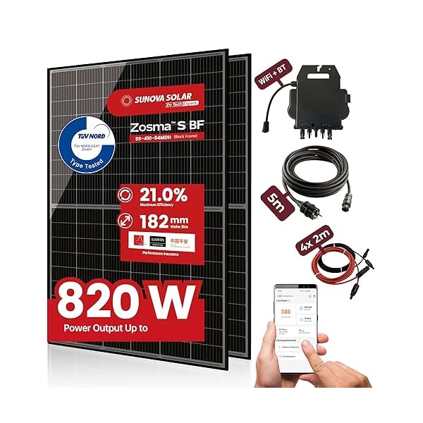 Balkonkraftwerk 820 Watt Komplettset mit 2 x 410W Mono-PERC Solarmodulen der Marke Sunova Solar, Steckdose, Wechselrichter von APsystems, 5 Meter Schukokabel, 4 x 2 Meter DC Kabel, ohne Halterung