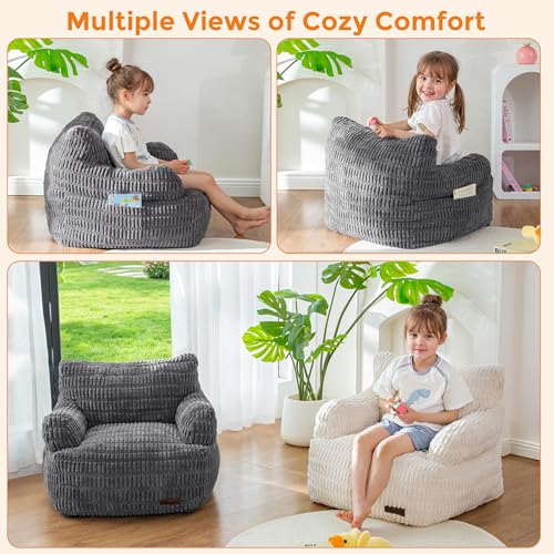 Image of MAXYOYO Kids Bean Bag Chair, Stuffed Toddler Bean Bag Sofa with Filler | Bean Bag Chair for Boys and Girls, Boho Striped Fabric Lazy Sofa with Pocket Floor Chair for Gaming, Reading, Dark Grey