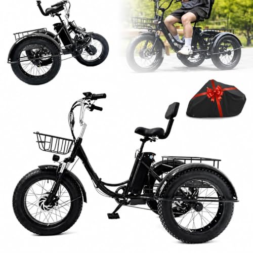 Triciclo Eléctrico De 20 Pulgadas Con Asistencia Al Pedaleo-Plegable,Neumáticos Anchos,Con Cesta De Carga Delantera Y Trasera,Pantalla Digital Lcd,Triciclo Eléctrico Para Adultos,Carga Máxima:200 Kg.