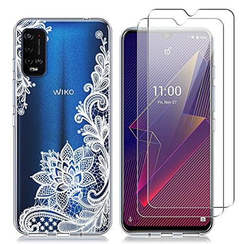 Reshias Coque pour Wiko Power U10 / U20, Blanc Fleur Souple TPU Protection Arrière Étui pour Wiko Power U10 / U20 (6,82 Pouces) avec Deux Verre Trempé écran Protecteur
