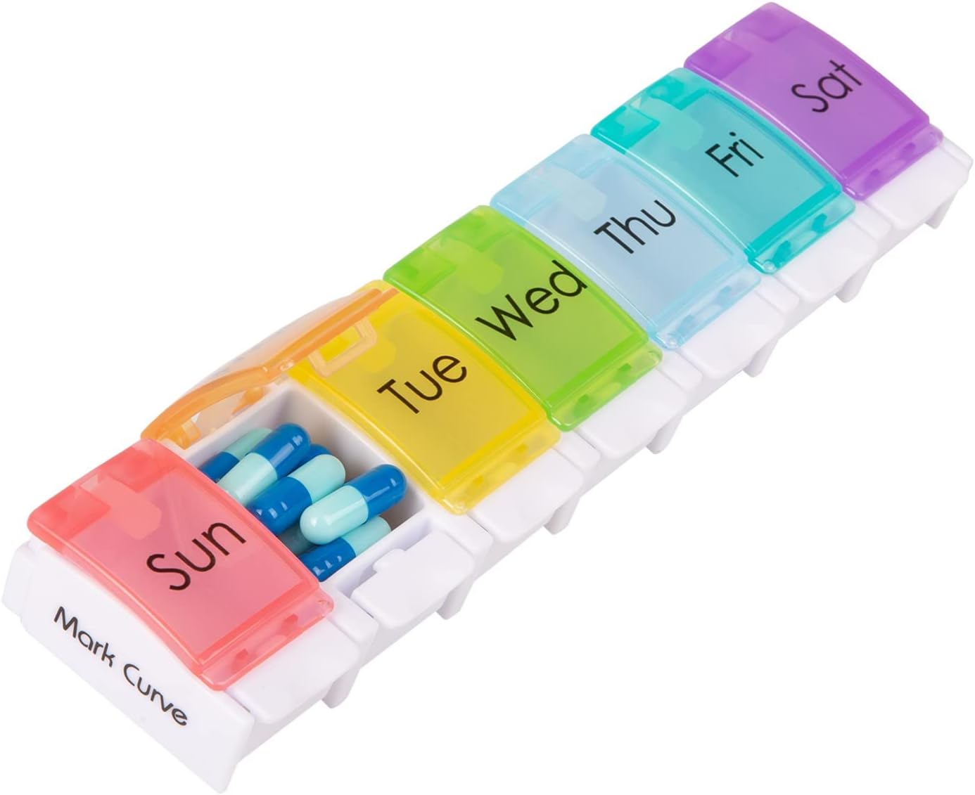 Portable Weekly Pill Box Organiser | Easy to Open 7 Day Premium Quality Tablet Box | Travel Pill Case with Push Button Pop Open Lids |Tablet Organiser for Vitamins, Supplements & Medicine Mark Curve