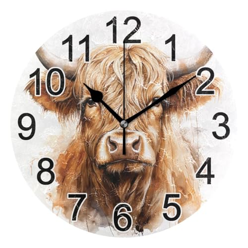 Mnsruu Horloge murale mignonne en forme de vache des Highlands sans tic-tac, horloge de cuisine silencieuse à piles horloge ronde décorative pour salon, chambre à coucher, salle de bain, bureau à