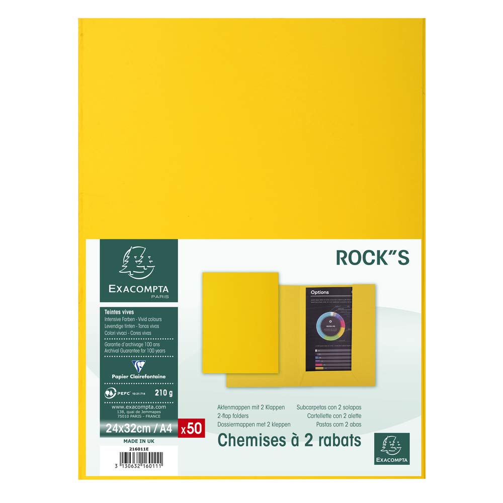 Exacompta Rocks Collection, 216011E - Cartelline a 2 lembi 240 x 320 mm, adatte per documenti A4, 210 g/mq, 2 alette pieghevoli, colore: giallo limone (confezione da 50)