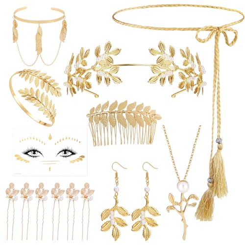 BrKern 14 Stück Griechische Göttin Kostüm Accessoire Set mit Gold Lorbeerkranz Kopfschmück, Halskette, Ohrringen & Armreifen für Karneval Fasching Kostüm Damen