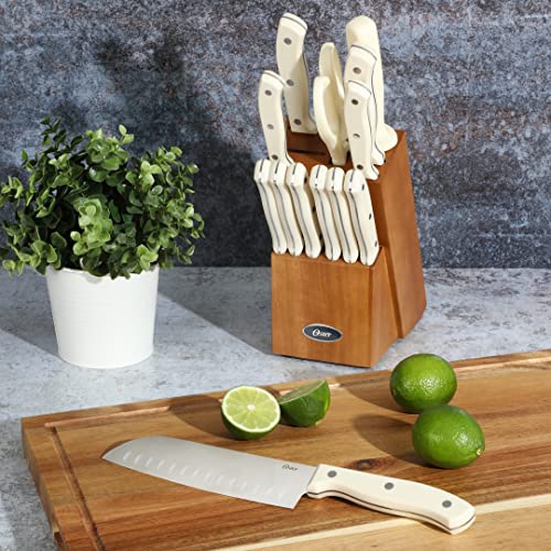 Oster Evansville 14 Piece Cutlery Knife Block Set, Stainless Steel W/Linen White Handles #TOP1