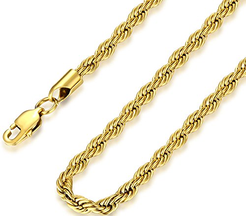Collier pour homme en acier inoxydable chaîne maille plaqué or jaune 3mm 4mm 5mm de 45cm à 75cm