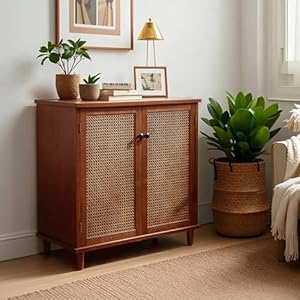 Sideboard Buffet Cabinet Rattan Storage Cabinet Accent Cabinet Boho Credenzas Buffet Table Console Coffee Bar Cabinet with 2 Door for Hallway Entryway Dining Room Living Room Walnut