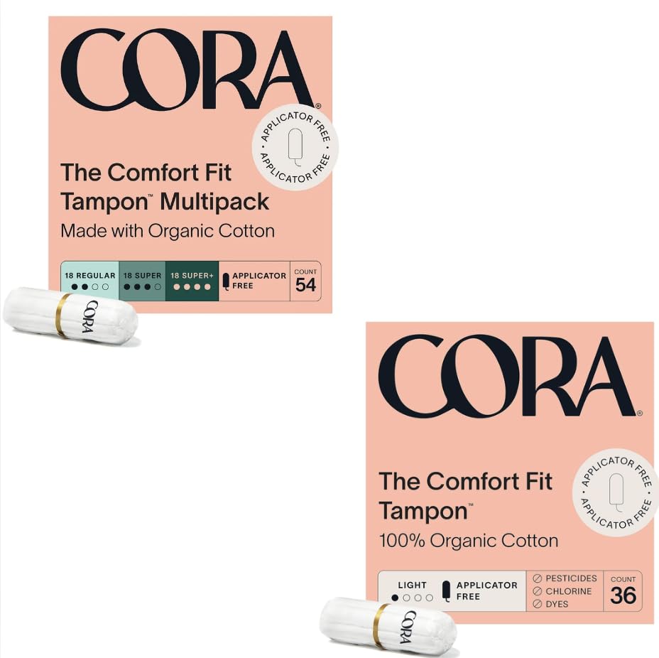 Cora 100% Organic Cotton Non-Applicator Tampons | Ultra-Absorbent, Unscented, Natural, Non-Toxic | Eco-Conscious | 90 Total (54 R/S/S+ & 36 Light Tampons)