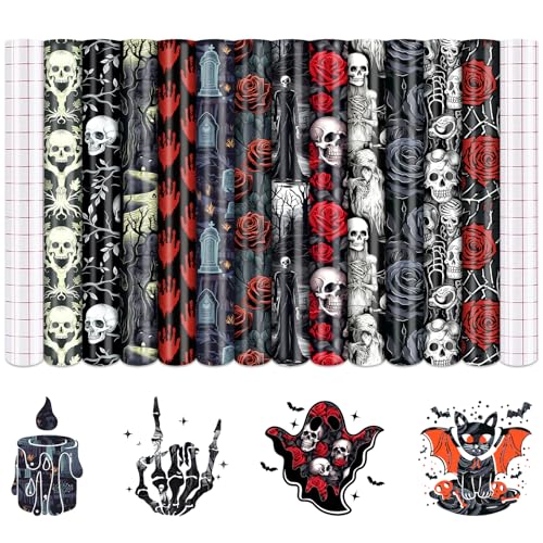Tintnut Horror Halloween Permanent Vinyl - 12 Sheets 12'X10' Halloween Patterned Permanent Adhesive Vinyl For Cutting Machine,Home Decor Self Sticker