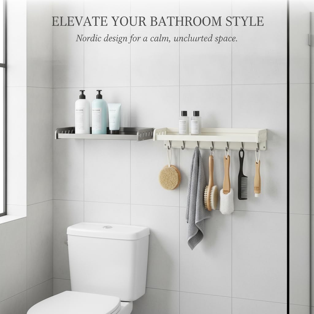 Badezimmerregal, montage ohne Bohren , Anthrazitgrau 50cm mit 8 Haken