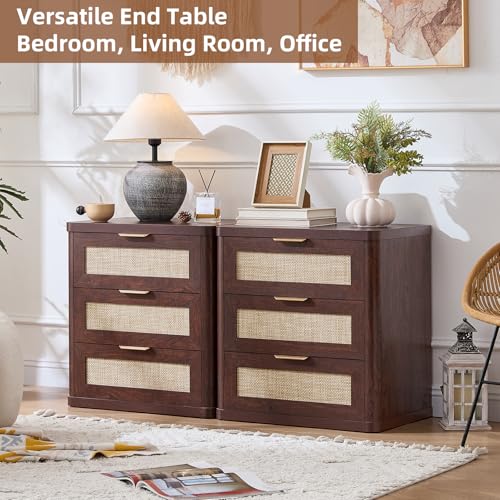 Image of LEYAOYAO Rattan 23 inch Nightstands with Drawers for Bedroom | Gold Metal Handle, Storage Shelf, Walnut Night Stand, Boho Bedside Table, Bed Side End Tables Living Room, Hallway