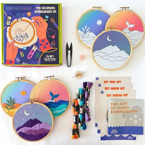 Image of KNOT YOUR TYPE Cotton Scenery DIY Embroidery Kit - Bundle of 3 | Hand Embroidery Kit with All Stitching Materials | Perfect Art & Craft Gift Set, Stitching Kit for Adults, Blue