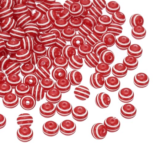 PATIKIL 8mm Round Strip Bead Red and White Acrylic Rainbow Beads Colorful Jewelry DIY Making Beads Supplies for Bracelets Necklaces 100 Pcs