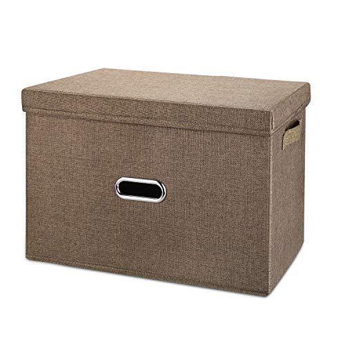 Image of Large Linen Collapsible Storage Bins with Removable Lids and Handles, Washable Storage Box Containers Baskets Cube with Cover for Bedroom,Closet,Office,Living Room,Nursery (Coffee, Large)