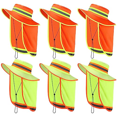 Jexine 6 Pcs Reflective Safety Hat High Visibility Neck Flap Boonie Hat Wide Brim Work Hats Breathable Bucket Cap for Worker (Orange Yellow)