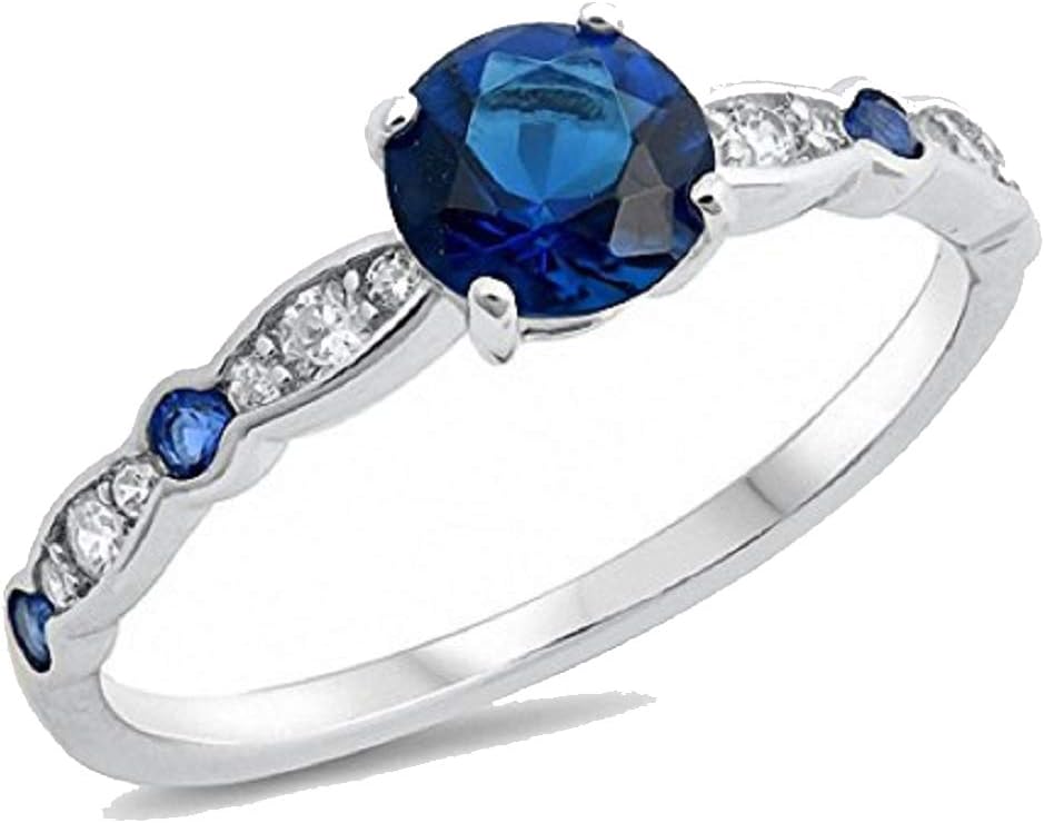 Fancy Wedding Engagement Ring Round Simulated Blue Sapphire Cubic Zirconia 925 Sterling Silver Choose Color