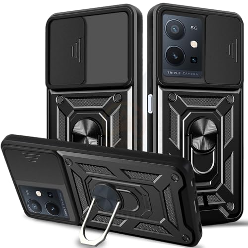 Image of Armor Bumper Back Cover Case for Vivo T1 5G / Y75 5G / iQOO Z6 5G | Rotating Camera Cover, Ring Holder & Kickstand | Heavy Duty & 360 Degree Protection Back Cover (Black)