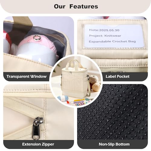 Image of Expandable Crochet Bag,Anti-Tangle Yarn Storage Organizer, Durable Knitting Project Bags for Crocheting Accessories, Portable Travel Yarn Bag for Knitters & Crocheters.ldeal Gift for Women(khaki)