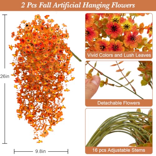 Image of Bassion Artificial Mums for Outdoor, 2 Pcs Fake Fall Hanging Flower, Orange | UV resistant, silk, realistic faux fall flowers for outside planters garden yard patio balcony front door porch home decor