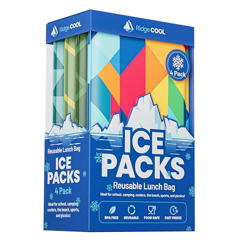 Ridgecool Slim Ice Packs for Lunch Boxes and Coolers 4 Pack Reusable Gel Freezer Packs with Bold Colorful Designs BPA-Free Food Safe Non-Toxic Cold Packs Long Lasting Ice Packs for Adults and Kids 4.5 x 6 In