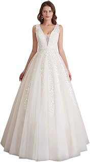 Abaowedding Women's Lace Applique Wedding Dress V-Neck Straps Ball Gown Evening Bridesmaid Prom Gown