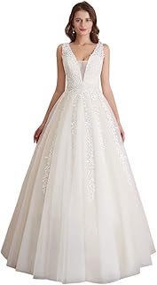 Women's Wedding Dress for Bride Lace Applique Evening Dress V Neck Strap...