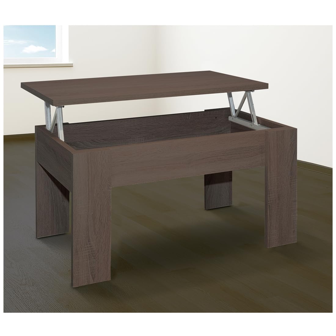 Acomoda Textil – Mesa de Centro Elevable para Almacenamiento de Madera. Mesita Amplia y Cómoda para Salón y Comedor 46x90x50 cm. (Wengué)