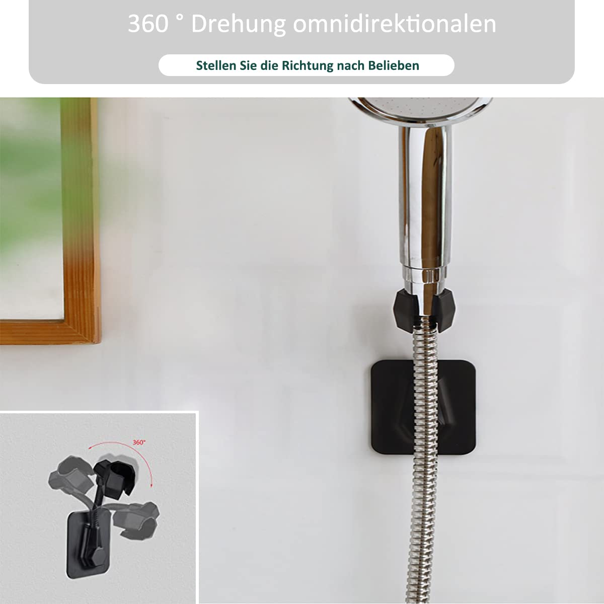 WENKO Duschkopfhalter 360°, Halter für Handbrausen aus Kunststoff zum Befestigen ohne Bohren mit Spezial-Klebepad auf glatten Oberflächen, Duschkopf 360° einstellbar, (B/T x H): 8 x 7,5 cm, Chrom