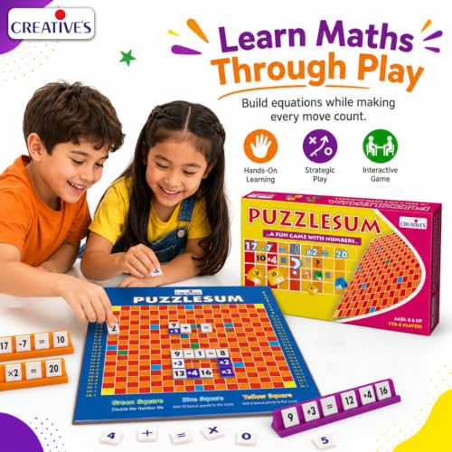 Image of Creative's Puzzlesum, Equation Scoring, Maths Board Games, 92 Number Tiles, 92 Equaliser Tiles, 4 Racks Colourful Board, Score Points by Making Equations, Educational Family Board Game Ages 8+