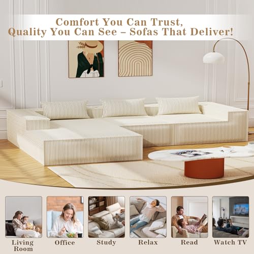 Image of 109 inch Cloud Sectional Couch with L-Shape Chaise, Modern Modular Sectional Sofa, No Assembly Required Sponge Sectional Sofa Couch for Living Room, Sofa-in-a-Box, White | Modern Modular