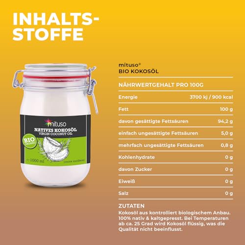mituso Bio Kokosöl, nativ, 2er Pack (2 x 1000 ml) im Bügelglas