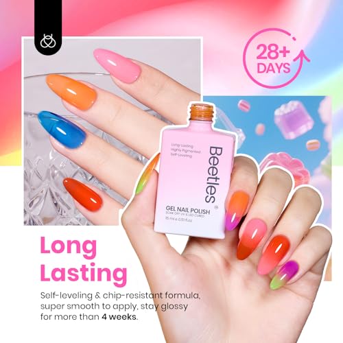 Image of Beetles Jelly Gel Polish Set, 6 Colors HEMA-Free Summer Neon Gel Polish Yellow Pink Red Blue Purple Orange 15ML Full Size Full Size Sheer Translucent Effect Soak Off UV Colorful Bottle Gel Gifts
